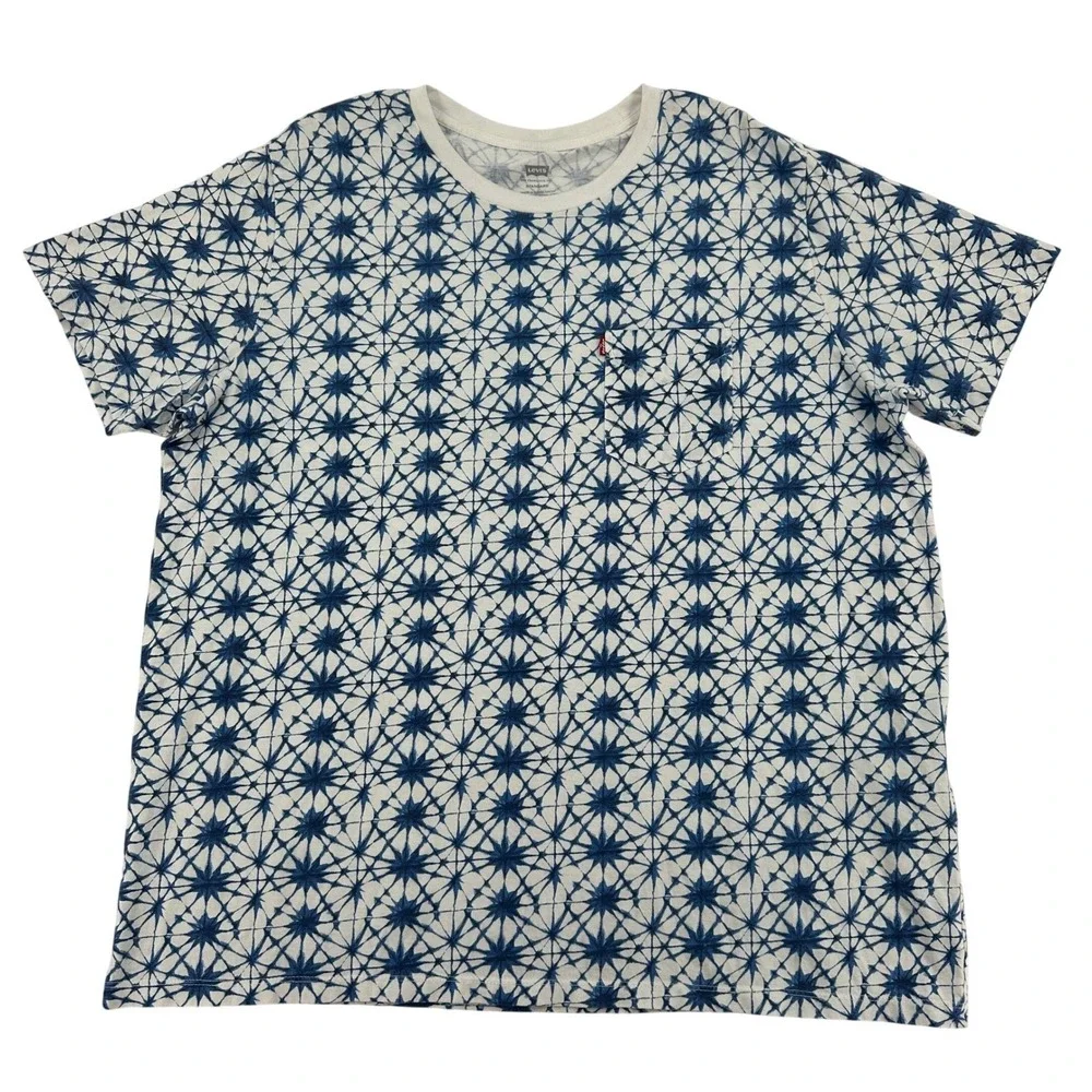 Levi's White & Blue Print Standard Fit Pocket T-Shirt Casual Top Logo Men's XL